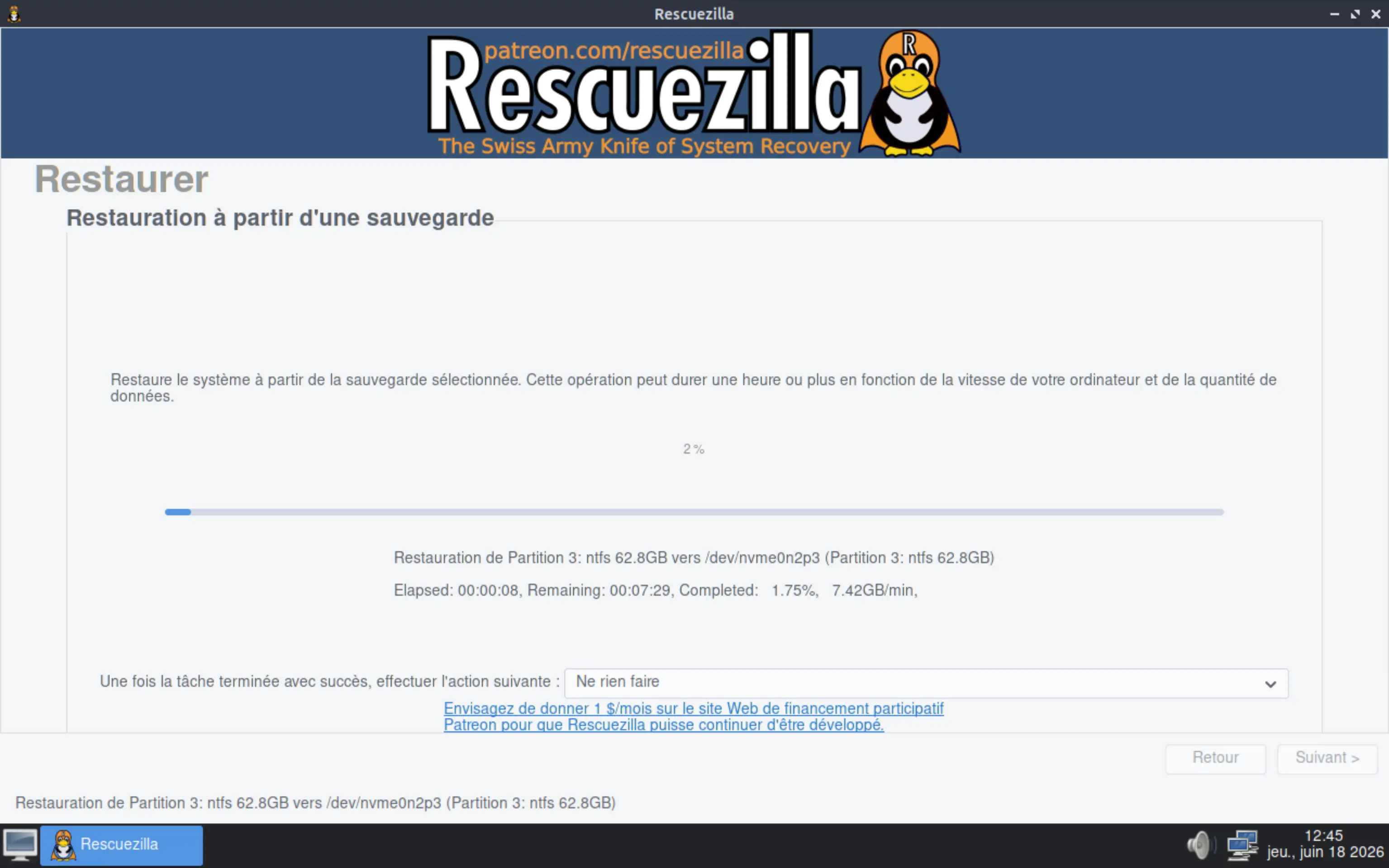 Progression de la restauration d'une image système avec Rescuezilla