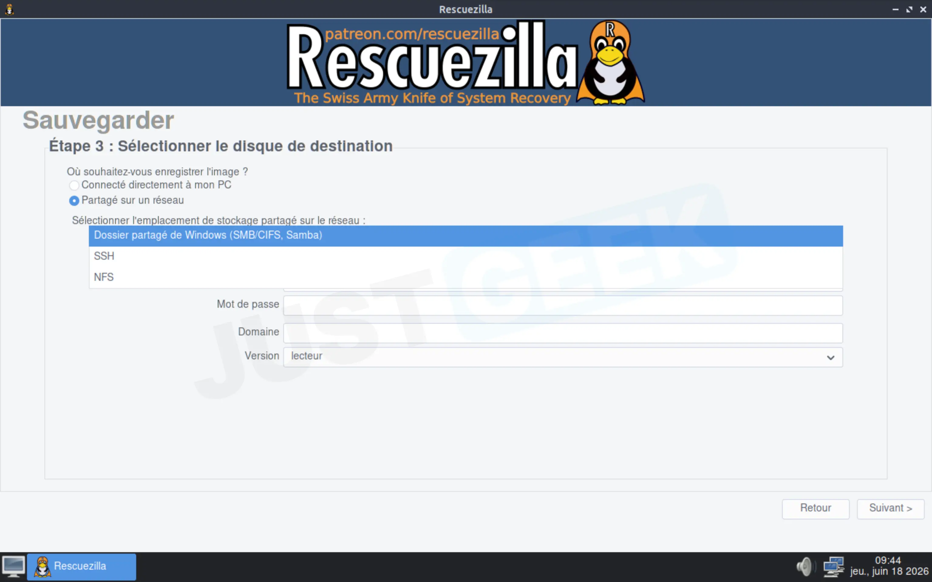 Options de sauvegarde sur le partage réseau dans Rescuezilla