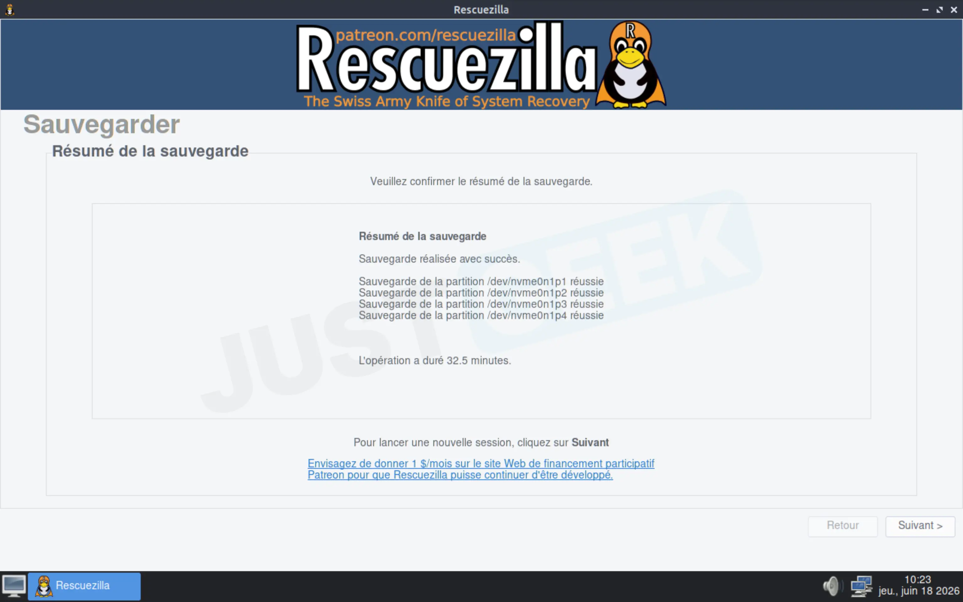 Résumé de la sauvegarde Rescuezilla indiquant que l'image système a été créée avec succès