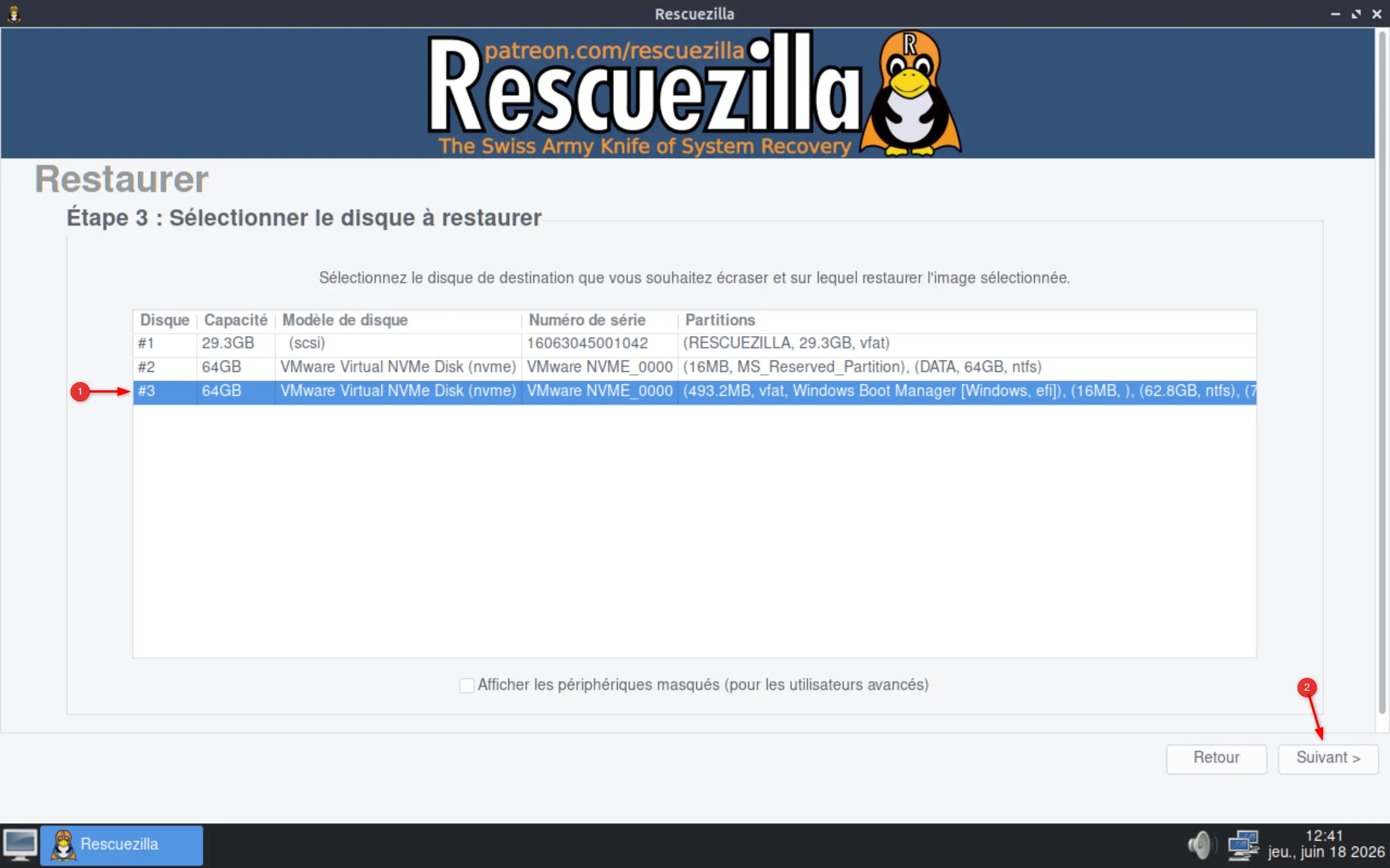 Choisir le disque de destination pour la récupération avec Rescuezilla