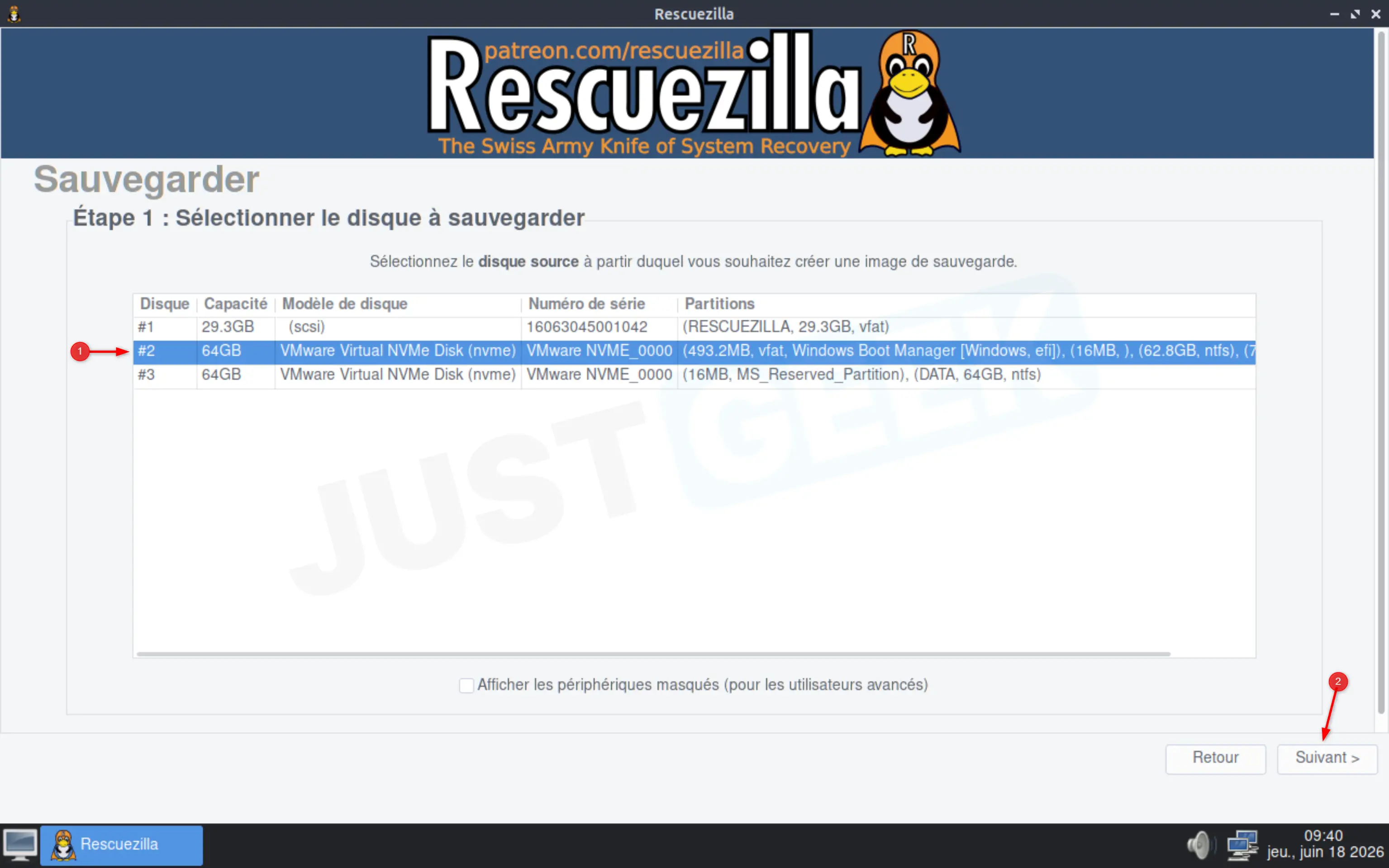 Sélection du disque contenant Windows avant de créer l'image système avec Rescuezilla