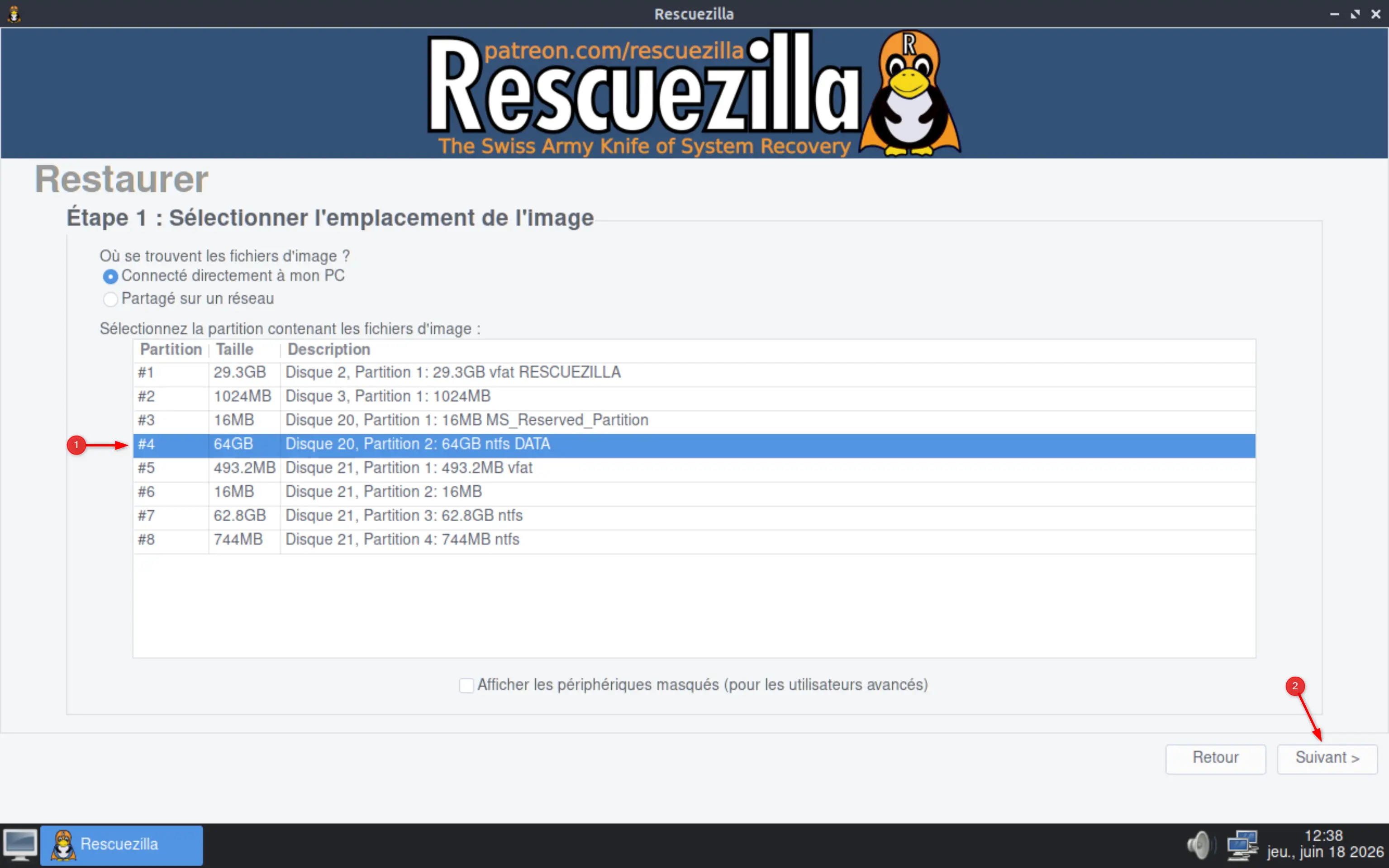 Sélection du disque contenant l'image système dans Rescuezilla