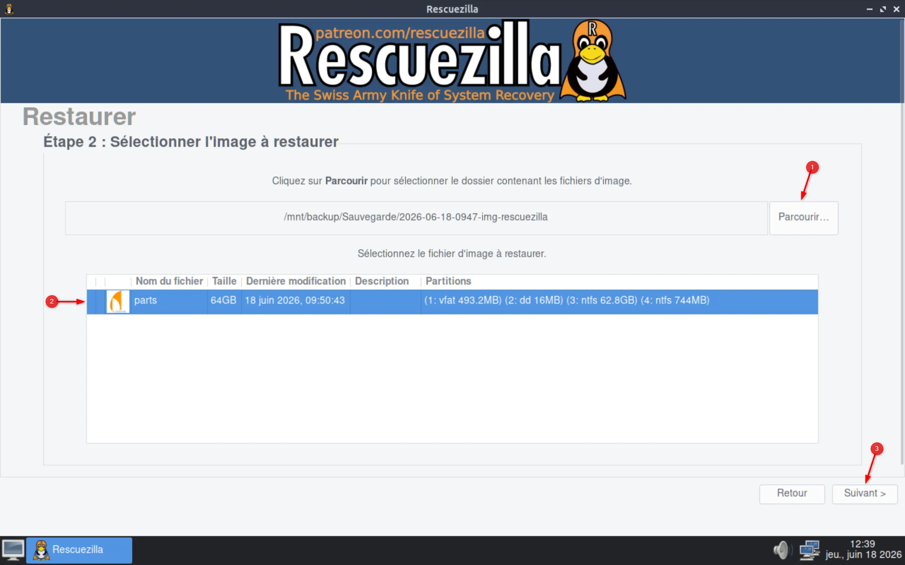 Sélection de l'image système à restaurer dans Rescuezilla