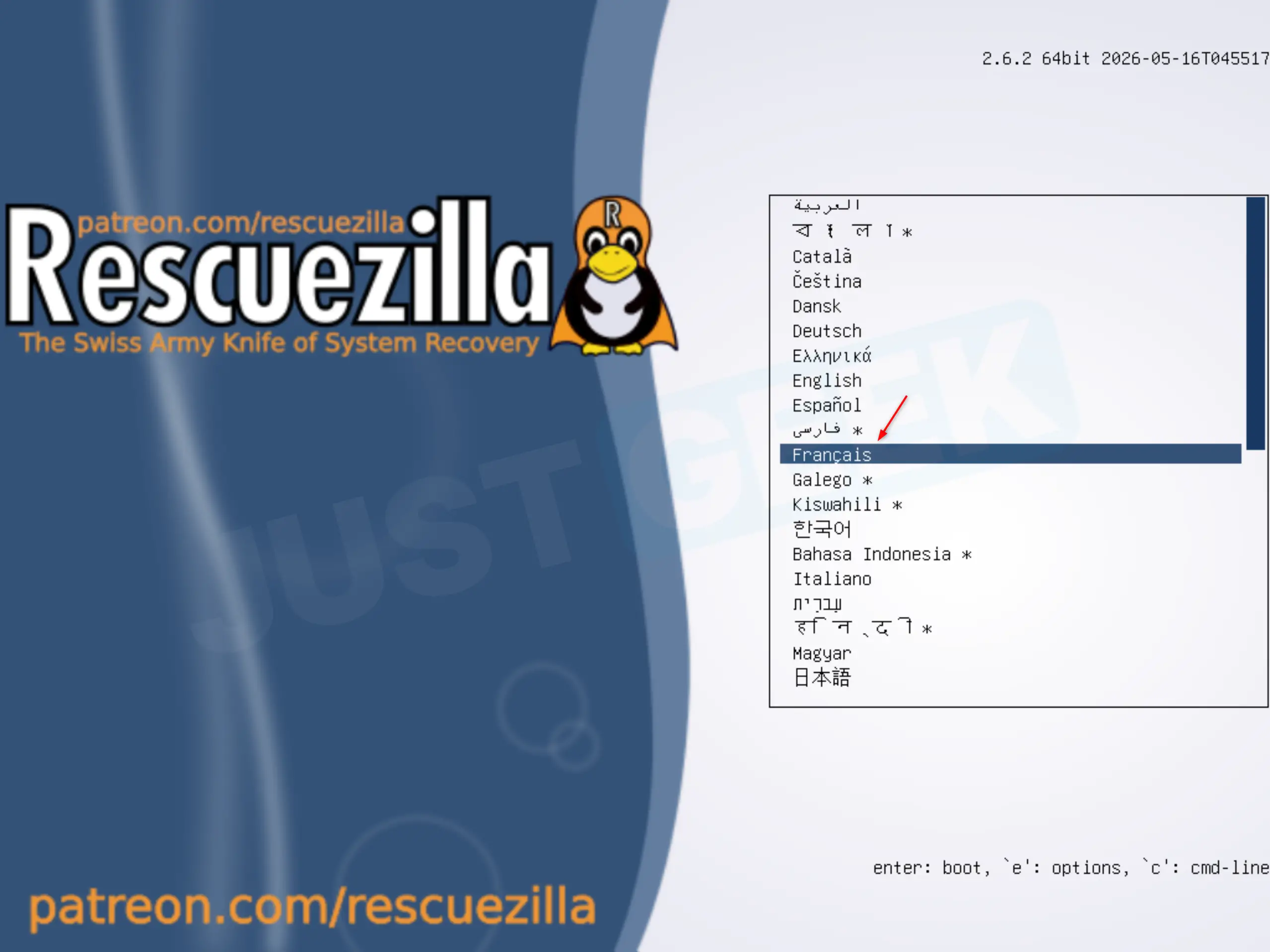Sélection de la langue française au démarrage de Rescuezilla