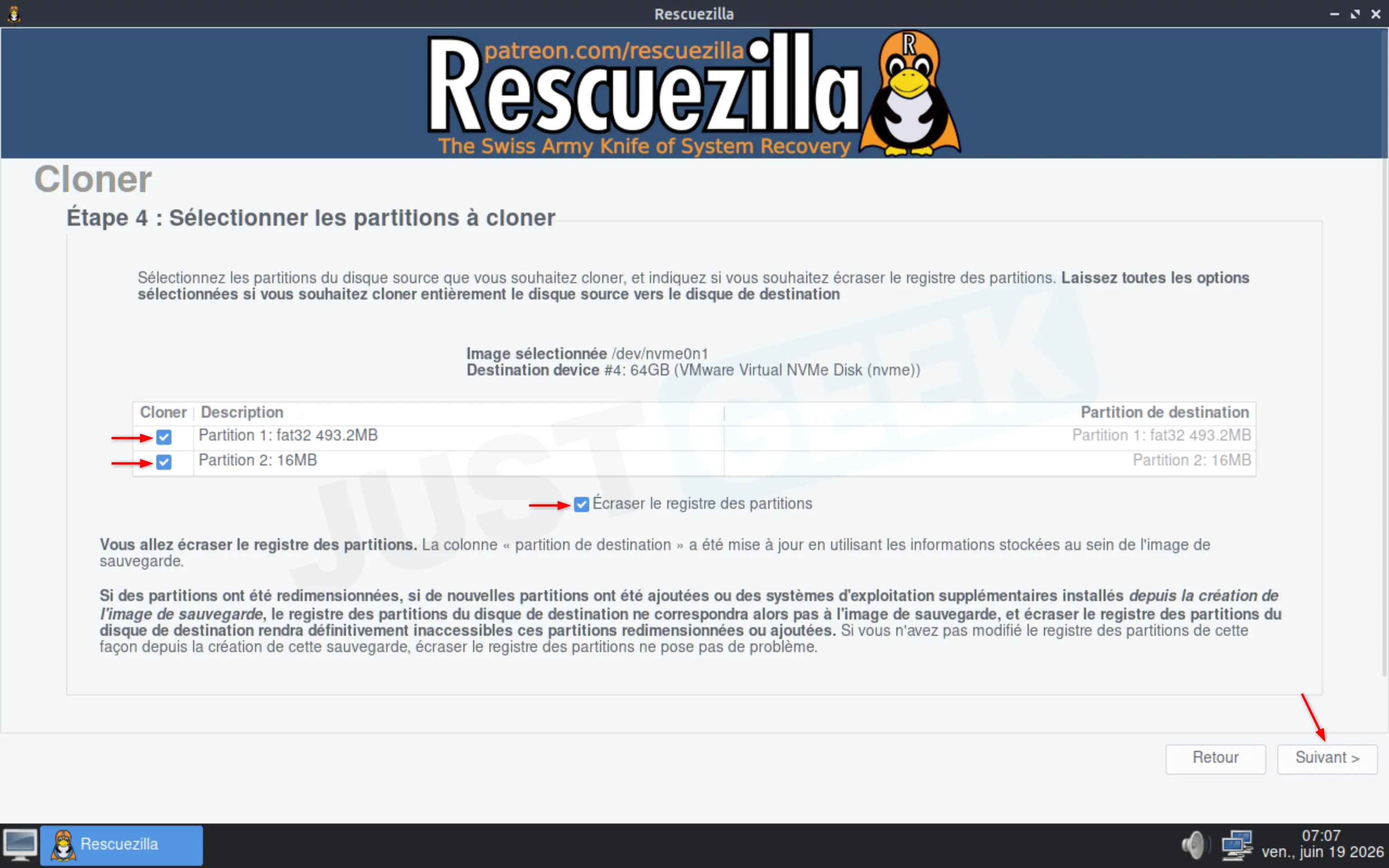 Sélection des partitions à cloner dans Rescuezilla