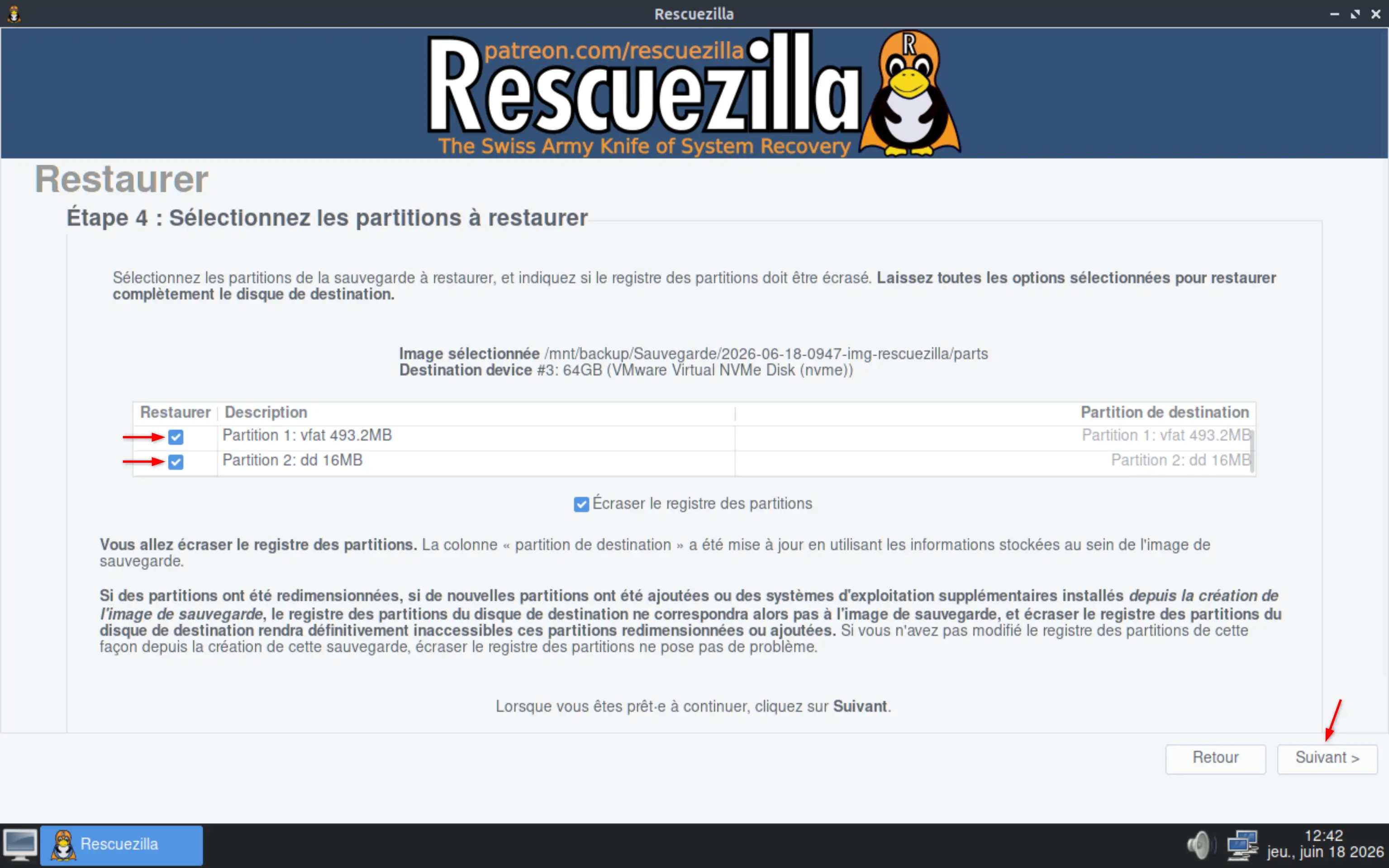 Sélection des partitions à restaurer dans Rescuezilla
