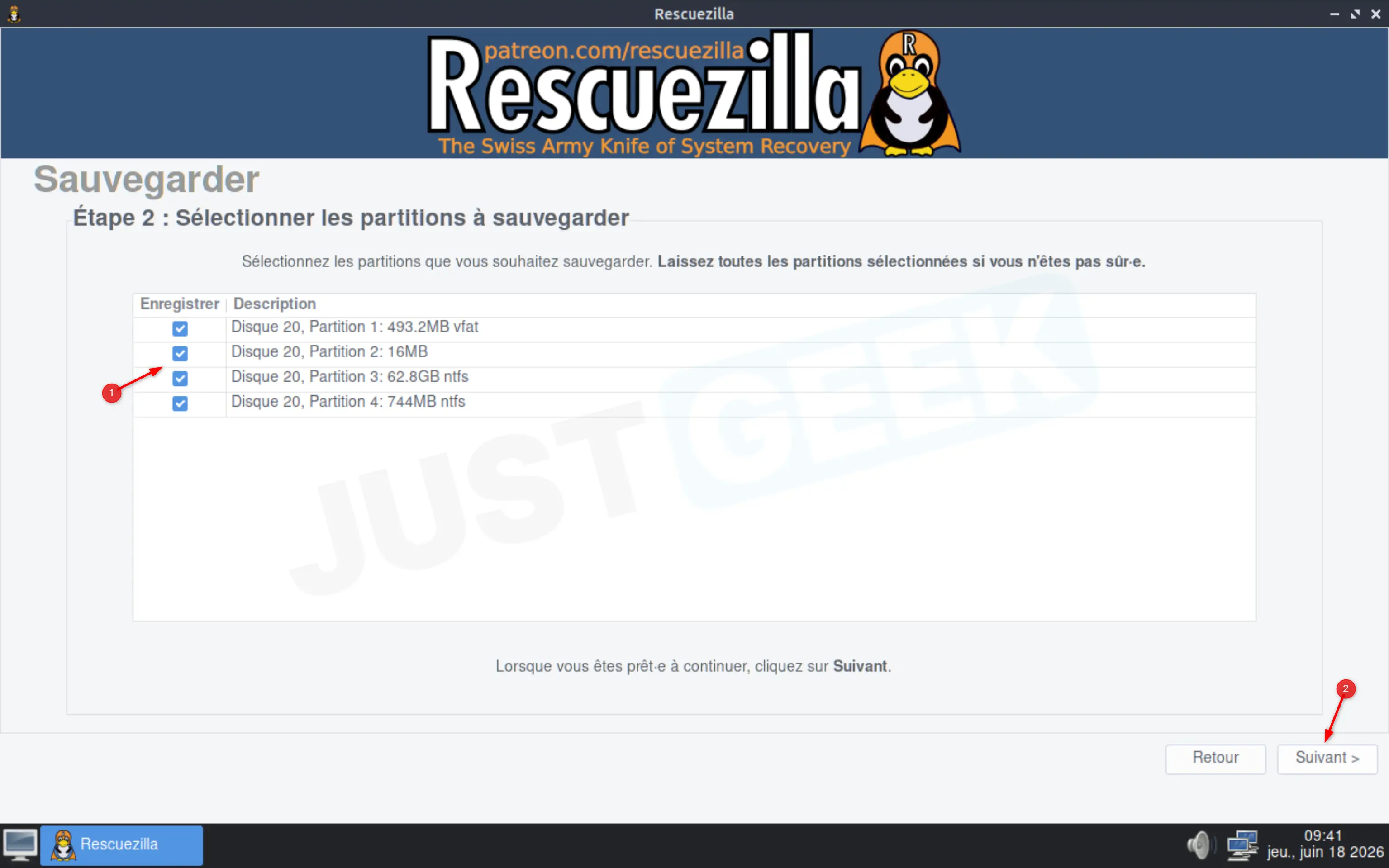 Sélection des partitions à inclure dans la sauvegarde du système avec Rescuezilla