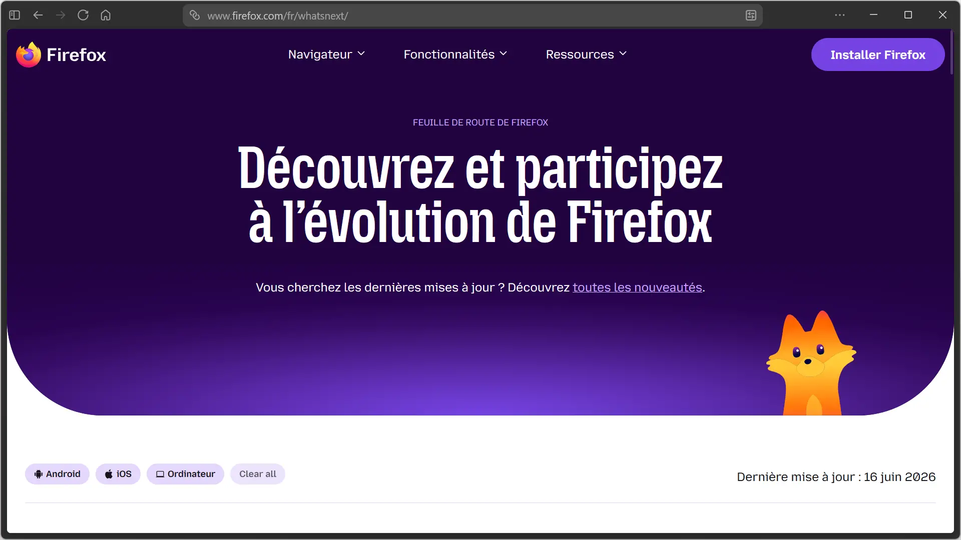 Page de feuille de route officielle de Firefox présentant les futures fonctionnalités du navigateur Mozilla