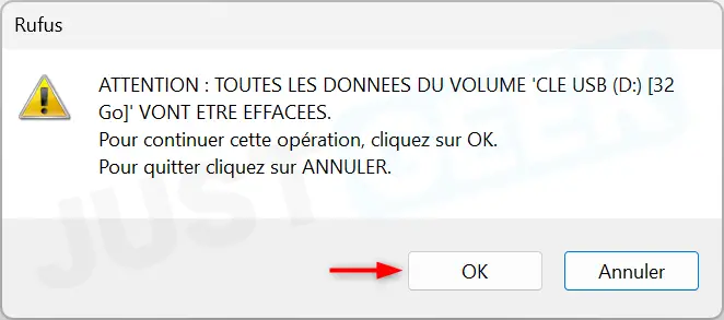 Message de confirmation indiquant que toutes les données de la clé USB seront supprimées