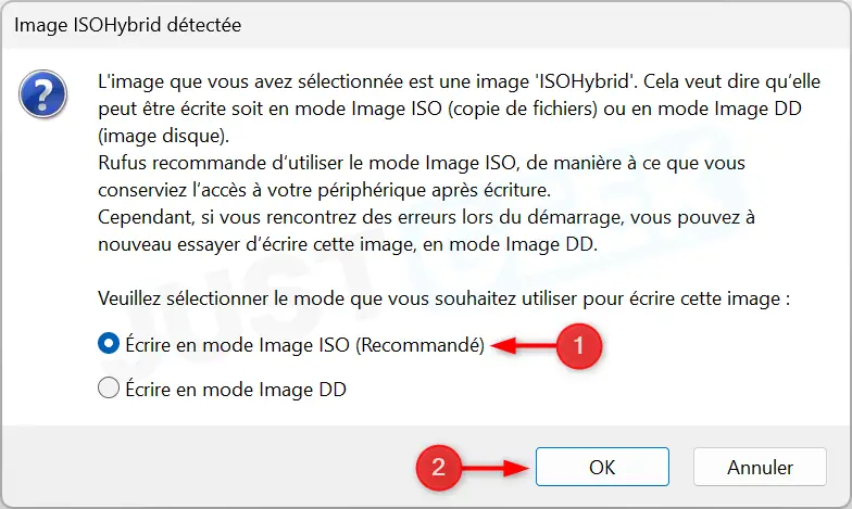 Choisir le mode Image ISO recommandé lors de la création de la clé USB Rescuezilla avec Rufus
