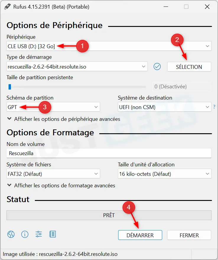 Sélection de la clé USB dans Rufus avant de créer le support de démarrage Rescuezilla / Sélection de l'image ISO Rescuezilla et du schéma de partition GPT dans Rufus