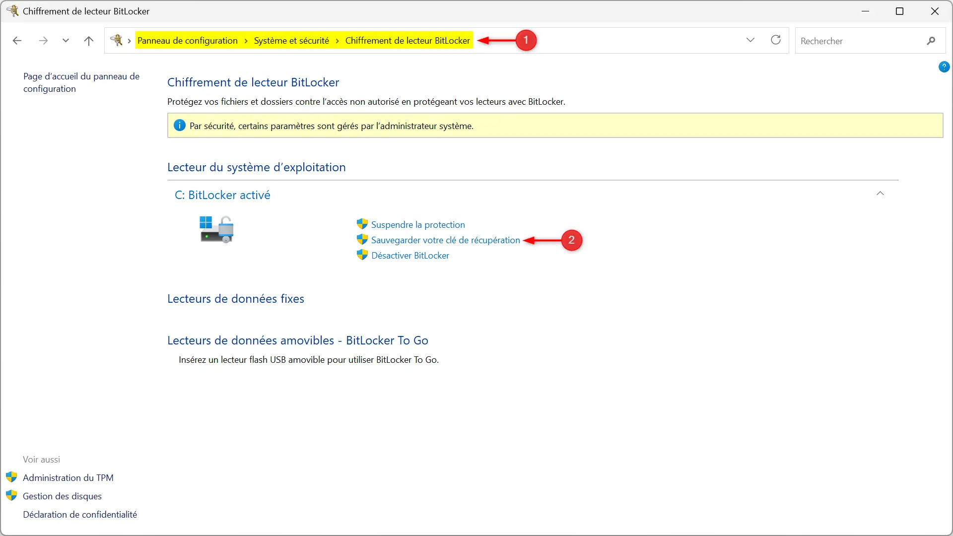 Option pour sauvegarder la clé de récupération BitLocker à partir du panneau de configuration Windows