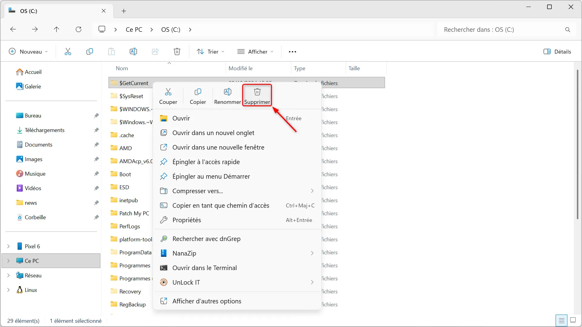 Suppression du dossier $GetCurrent de l'Explorateur de fichiers Windows 11