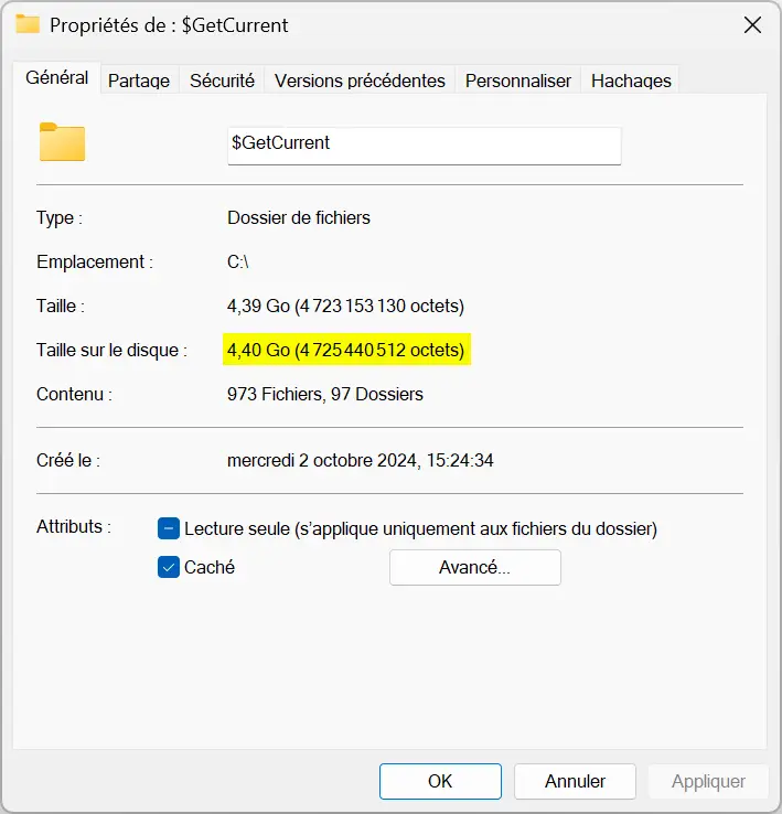 Propriétés du dossier $ GetCurrent affichant une taille de 4,4 Go sous Windows