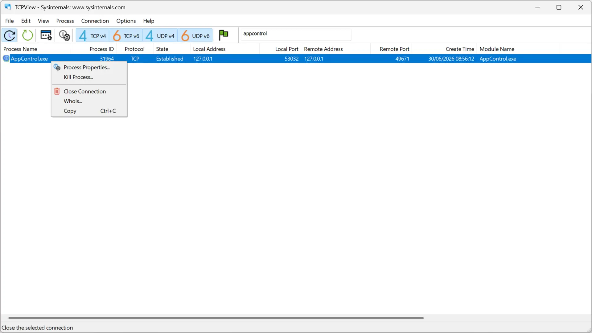 Menu contextuel TCPView pour fermer une connexion ou arrêter un processus