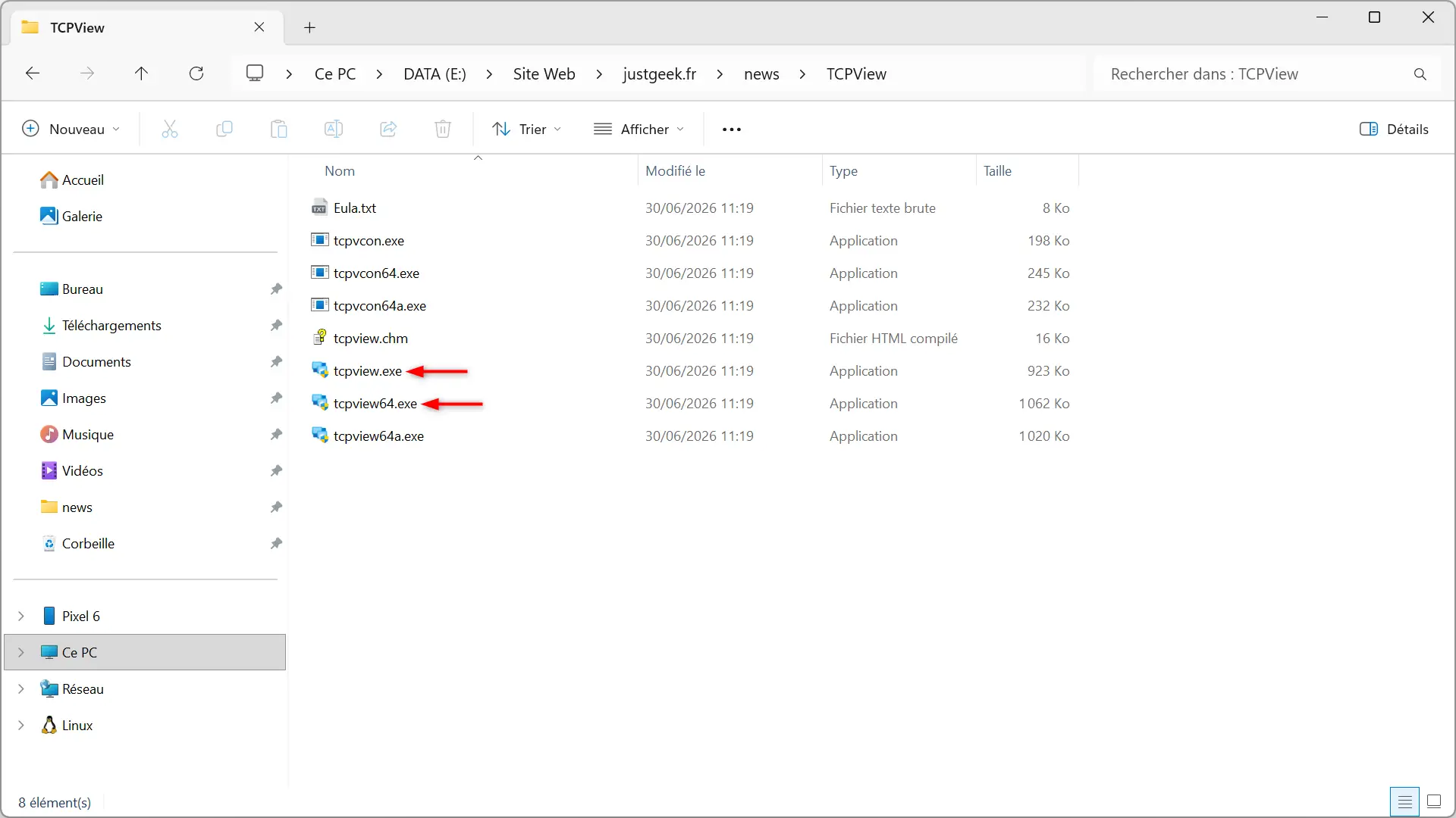 Fichiers exécutables TCPView après extraction de l'archive ZIP