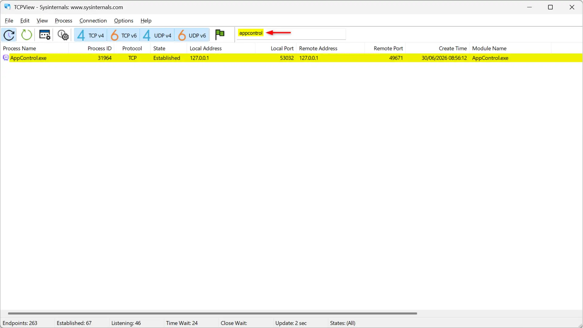 Recherche de logiciels dans TCPView à l'aide du champ Rechercher