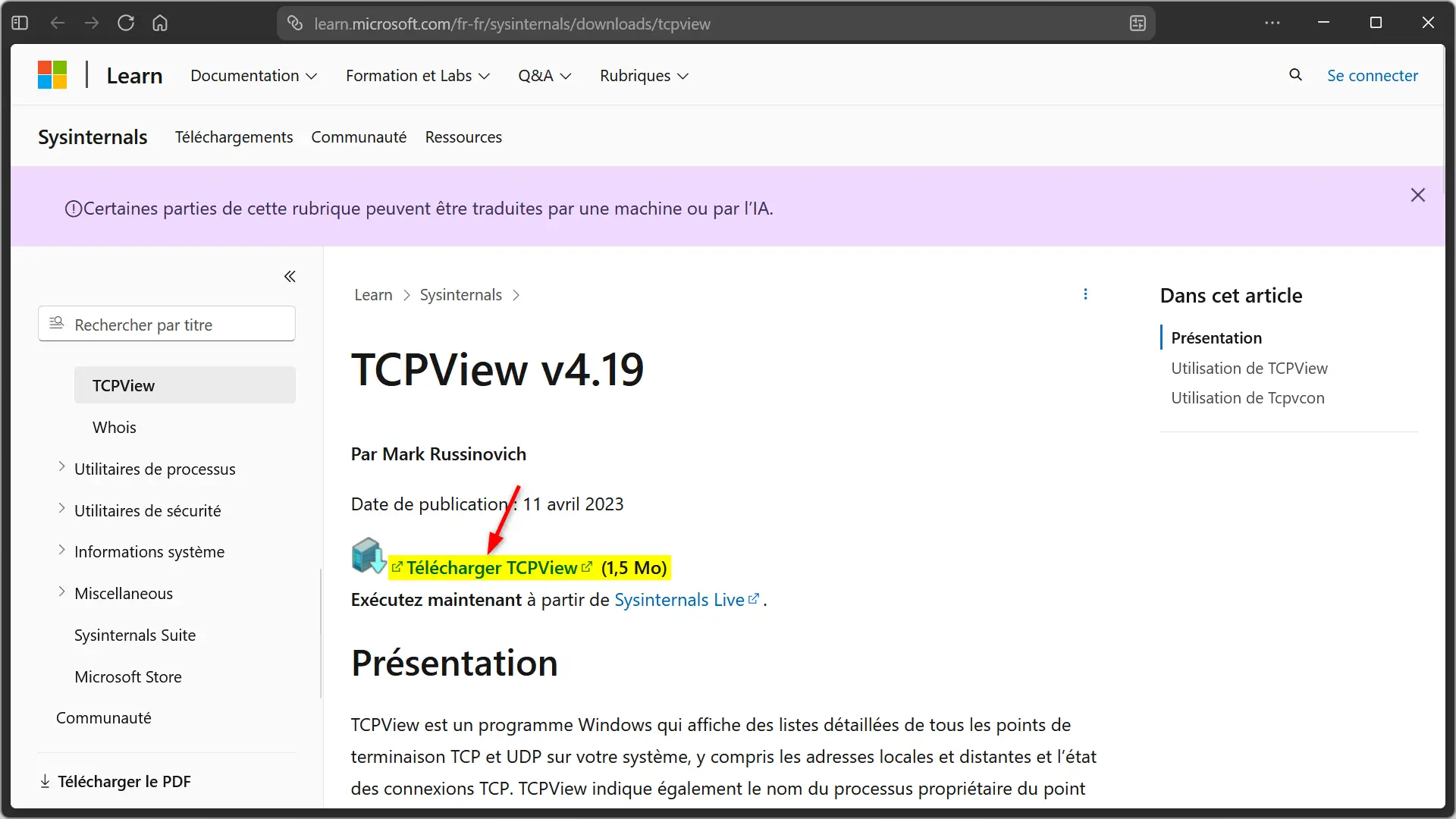 Téléchargement de TCPView à partir du site Web officiel de Microsoft Sysinternals