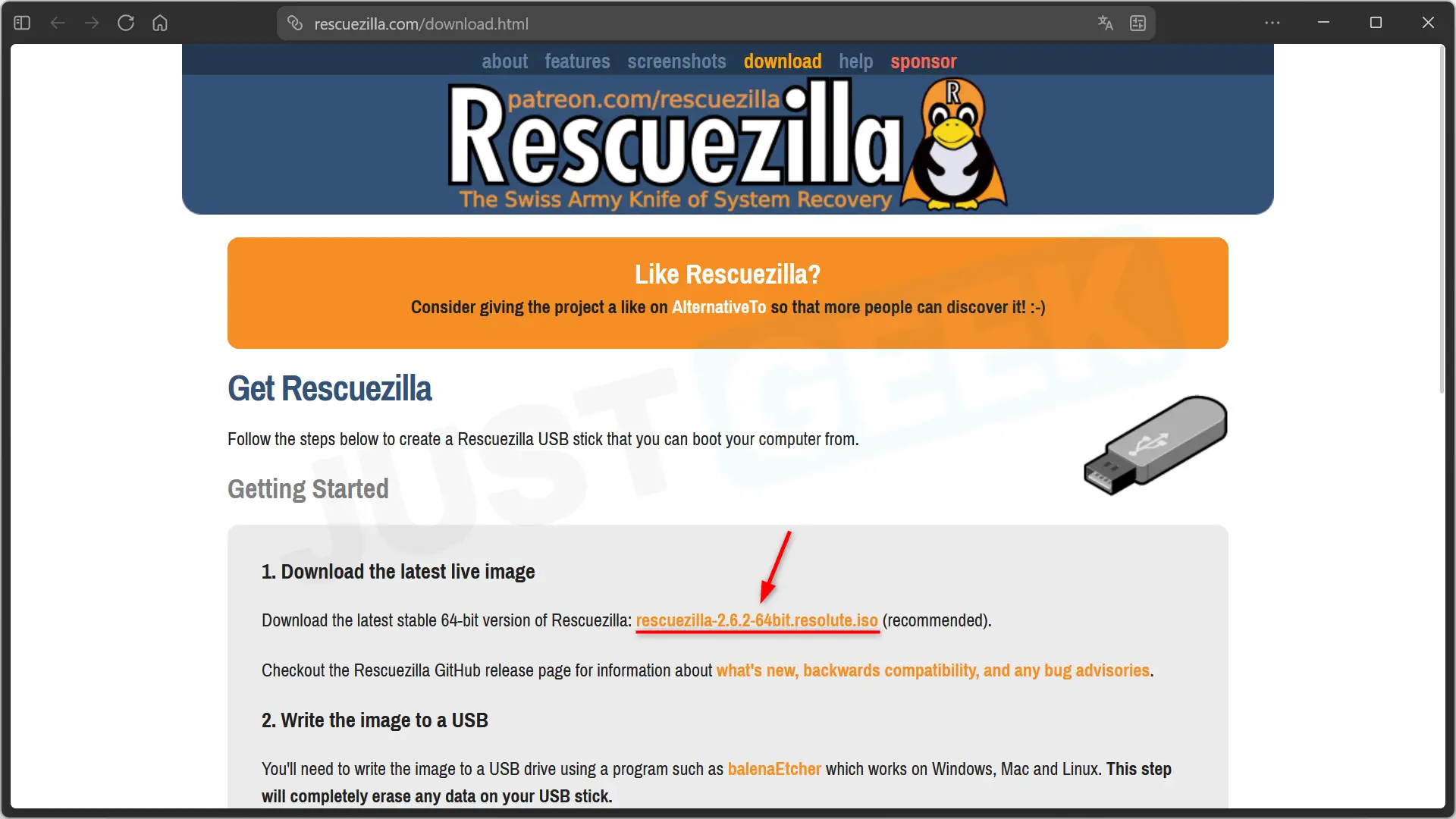 Téléchargement de l'image ISO Rescuezilla à partir du site Web officiel