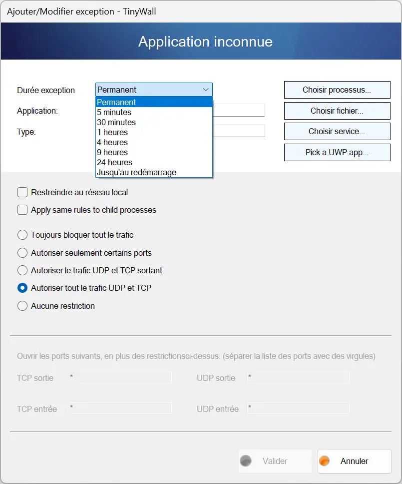 Ajouter une fenêtre d'exception dans TinyWall avec des options de durée disponibles