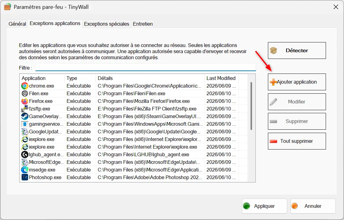 Ajouter un bouton d'application dans l'onglet Exceptions d'application de TinyWall