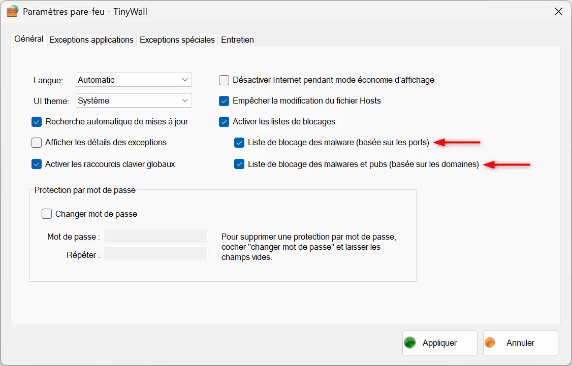 Activation des listes de blocage de logiciels malveillants et de publicités dans les paramètres de TinyWall