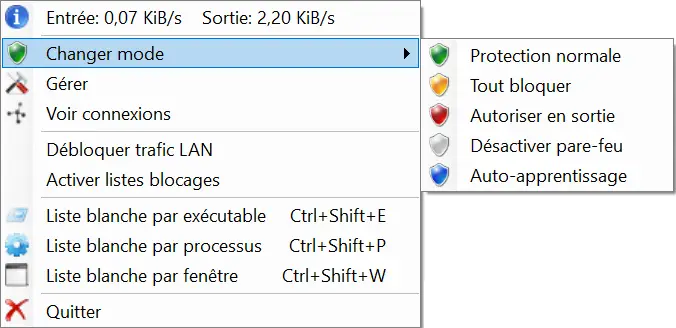 Menu contextuel TinyWall avec les différents modes disponibles