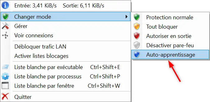 Activation du mode d'auto-apprentissage dans le menu TinyWall