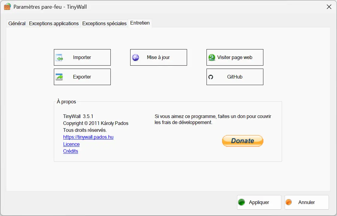 Maintenance TinyWall montrant la version 3.5.1