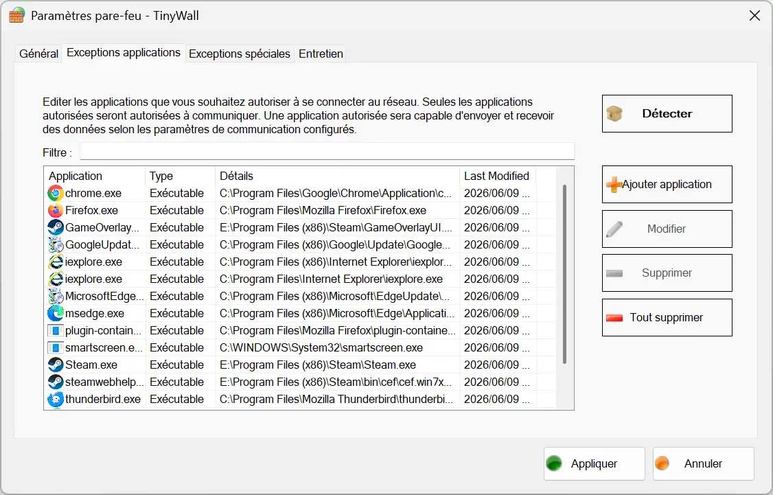 Onglet Exceptions d'application dans les paramètres de TinyWall