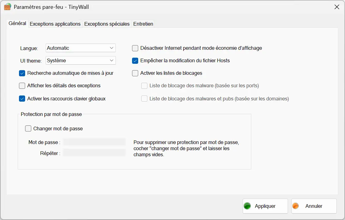Fenêtre des paramètres de TinyWall, onglet Général