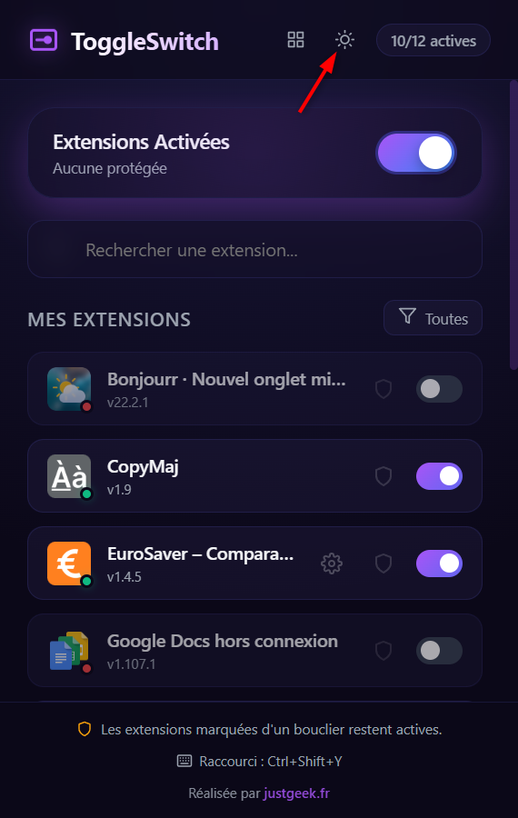 Activation du thème sombre dans l'extension ToggleSwitch pour personnaliser l'apparence de l'interface