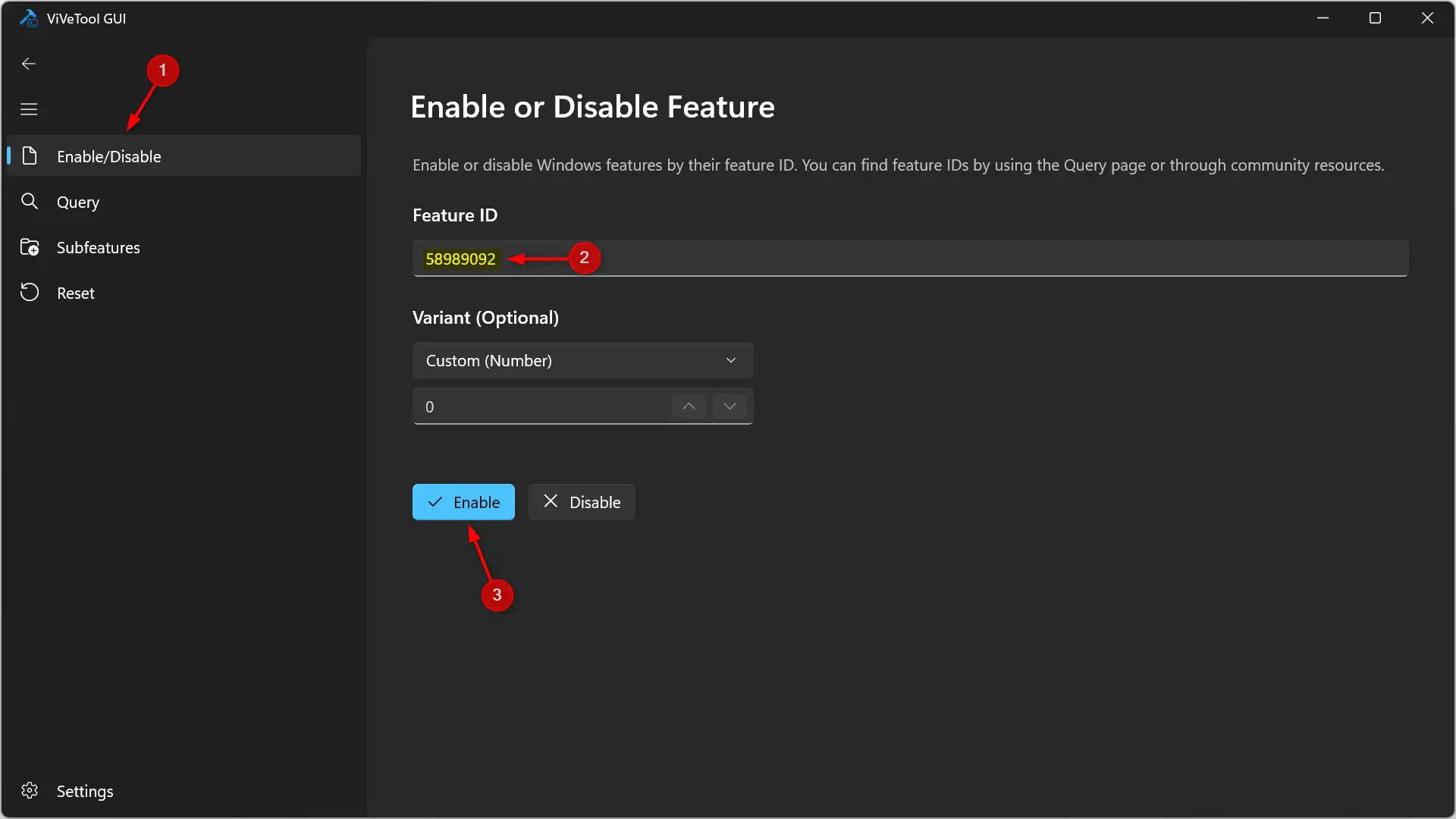 Activation du profil à faible latence dans l'interface graphique ViVeTool à l'aide de l'ID de fonctionnalité 58989092