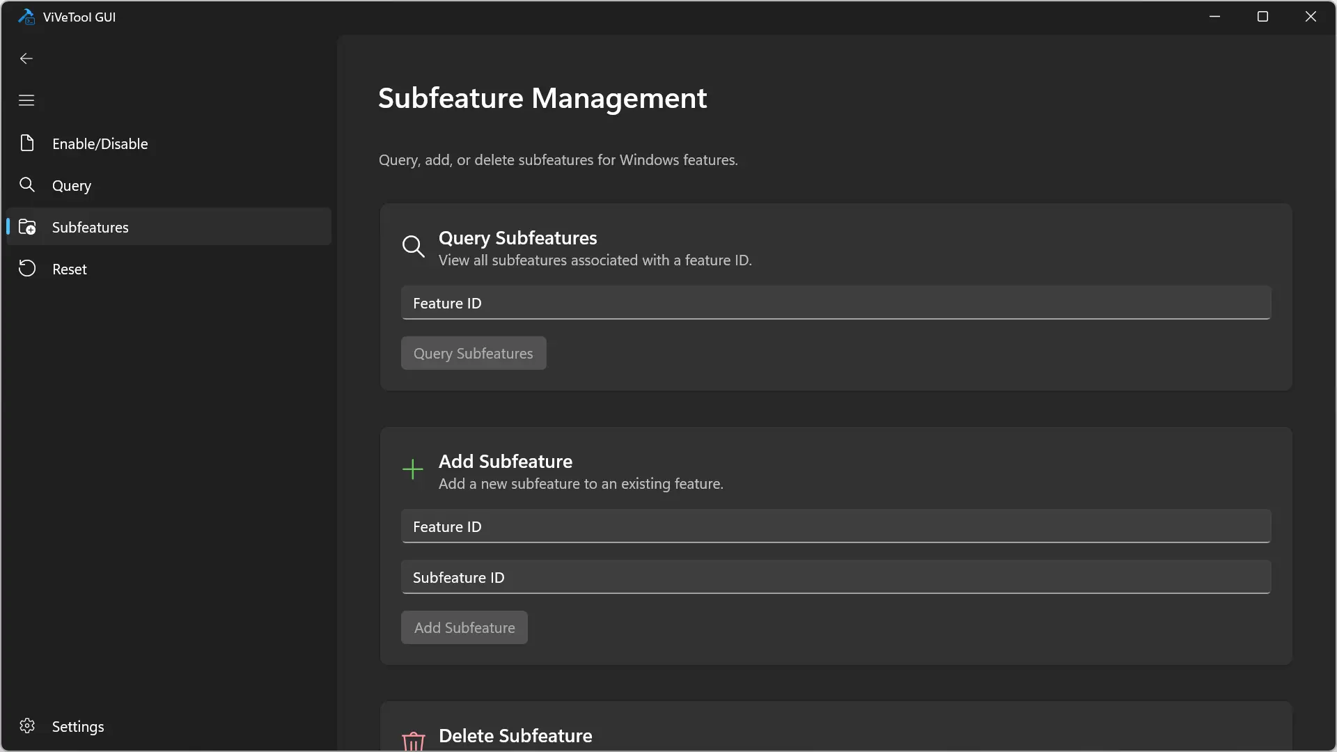 Onglet Sous-fonctionnalités de l'interface graphique ViVeTool pour afficher, ajouter ou supprimer des sous-fonctionnalités de Windows 11