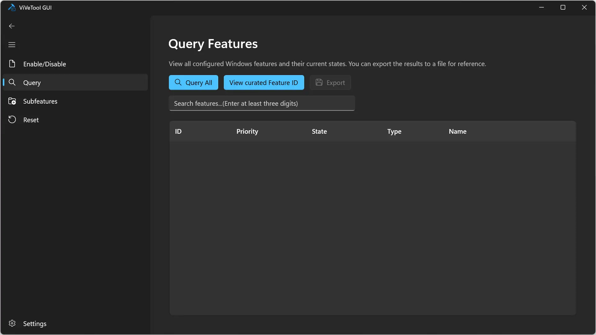 Onglet Requête de l'interface graphique ViVeTool pour rechercher et afficher les fonctionnalités de Windows 11