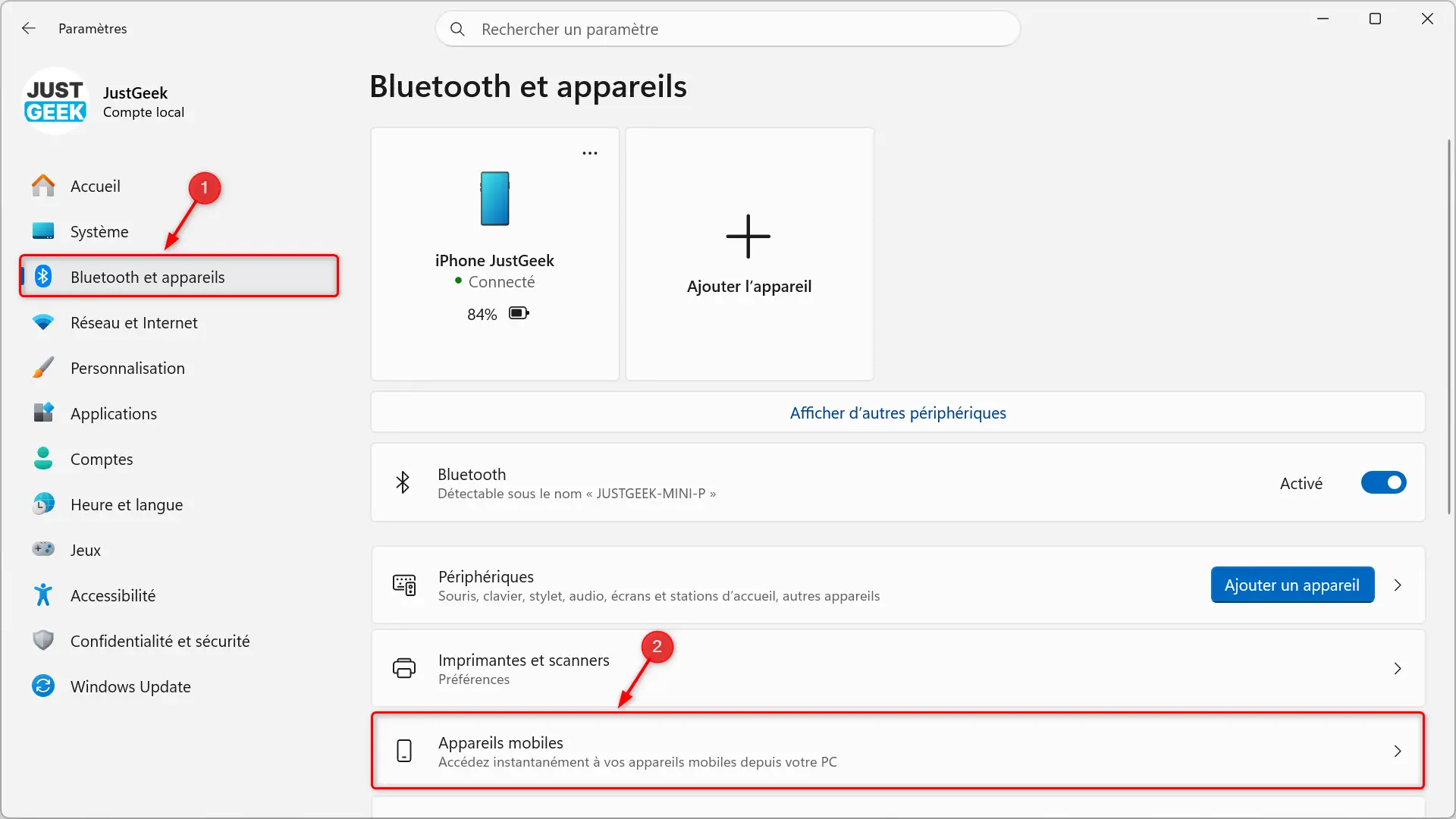 Accédez aux appareils mobiles dans les paramètres Bluetooth et appareils de Windows 11