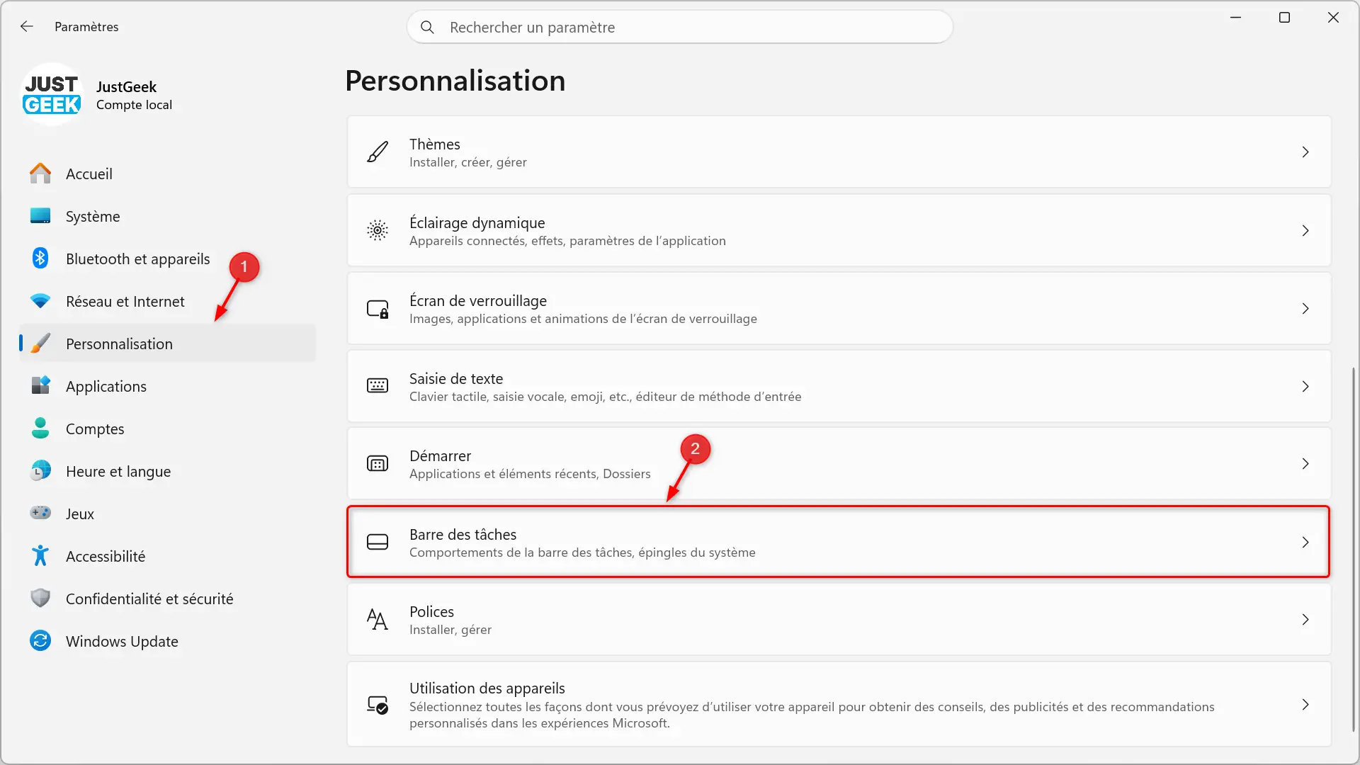 Accédez aux paramètres de la barre des tâches dans Windows 11 à partir de la section Personnalisation
