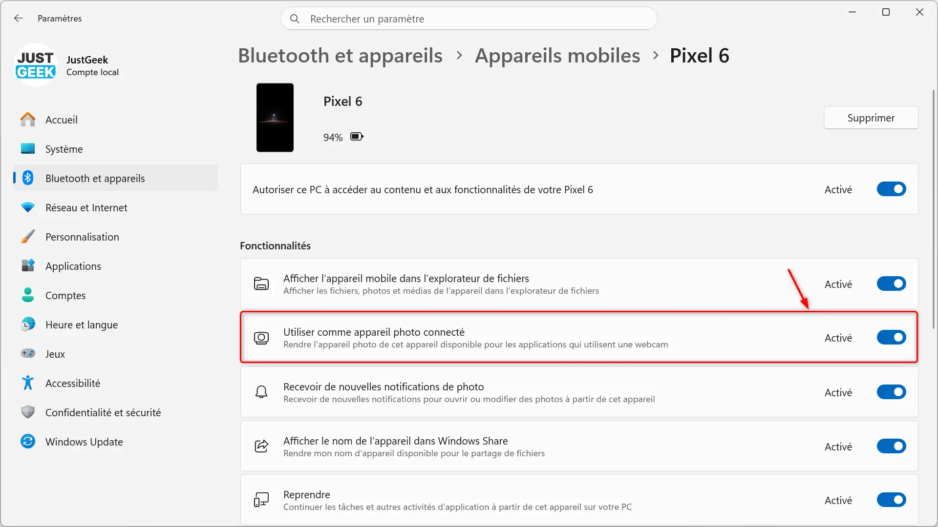 Activation de l'utilisation comme caméra connectée dans Windows 11