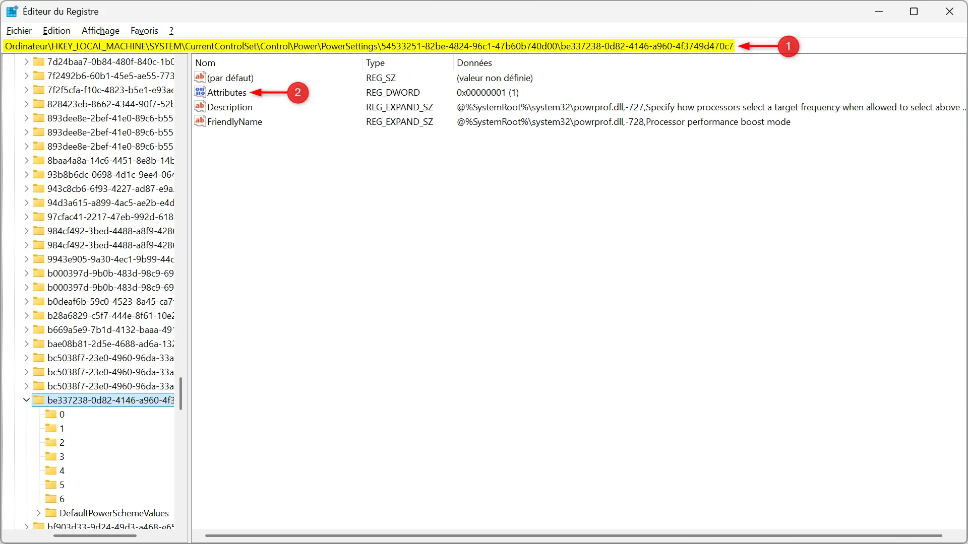 Modification de la valeur des attributs dans le registre Windows pour afficher les modes cachés d'augmentation du processeur de Windows 11