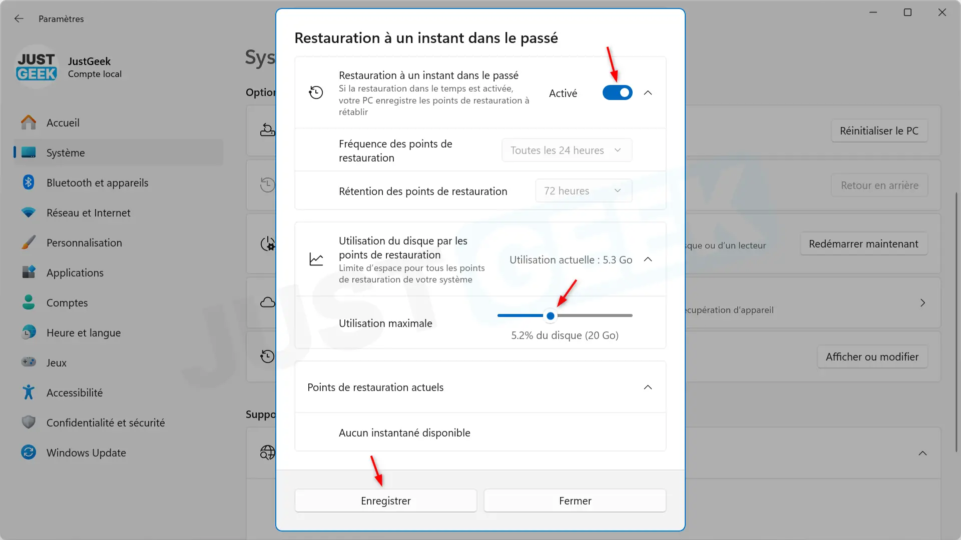 Activation de la restauration ponctuelle et ajustement de l'espace disque dans Windows 11