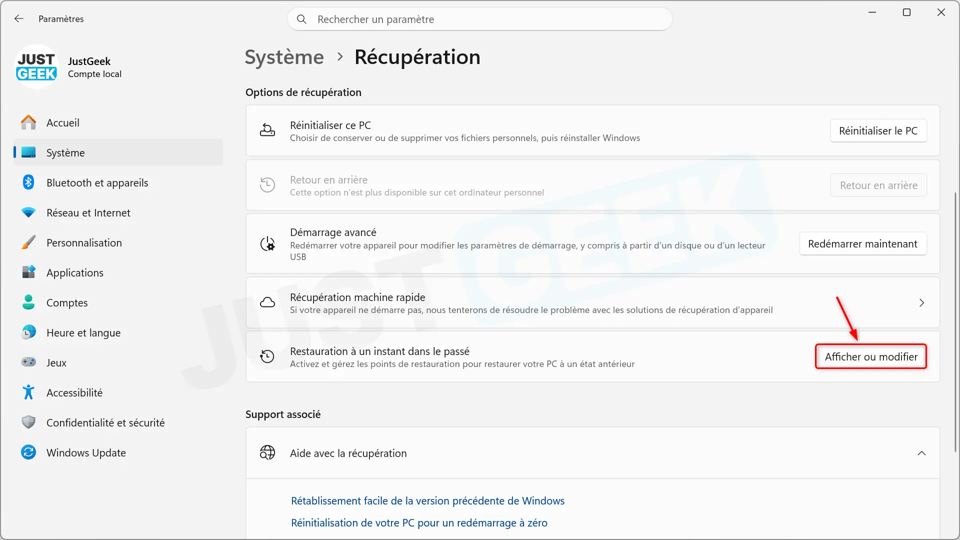 Ouvrir les paramètres de restauration ponctuelle dans Windows 11
