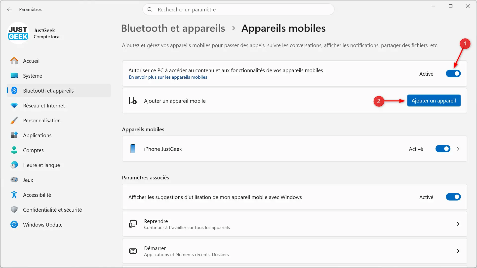 Ajouter un appareil mobile sous Windows 11