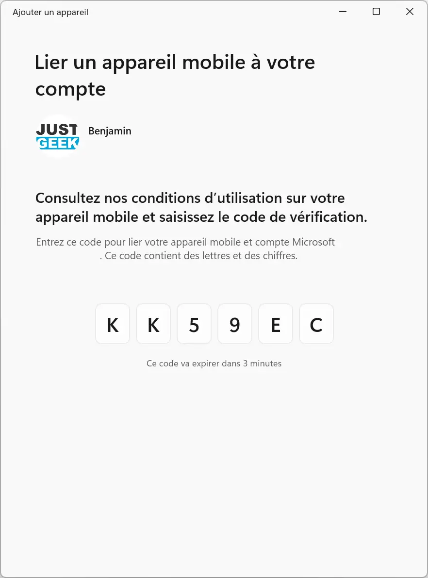 Code de vérification affiché par Windows 11 pour associer un smartphone Android