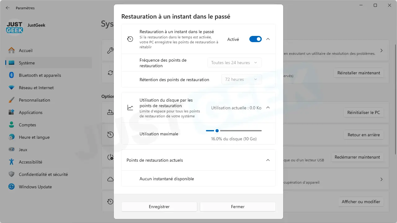 Configuration de la restauration ponctuelle dans Windows 11