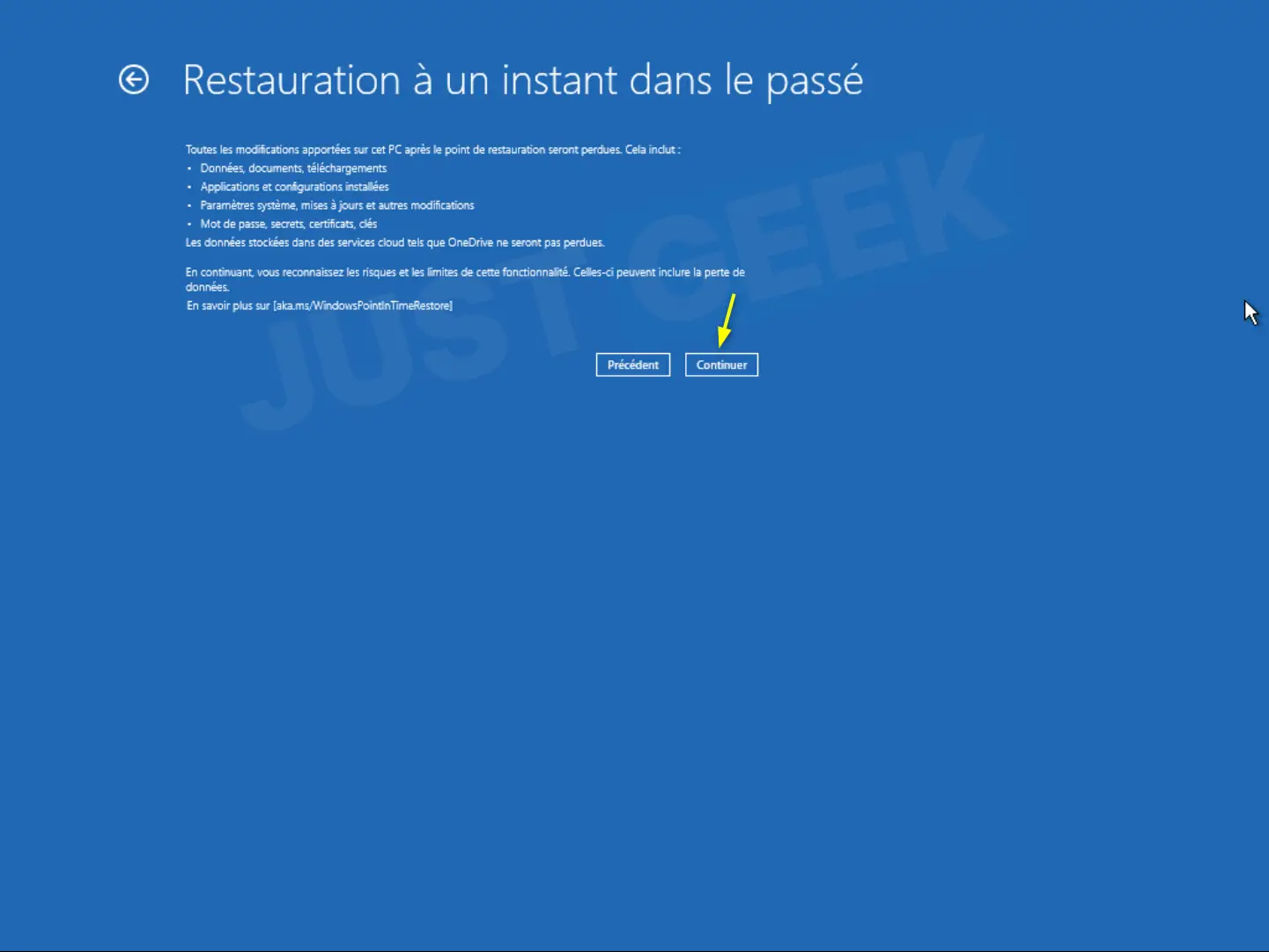 Confirmer les conséquences avant de restaurer à un moment donné dans Windows 11