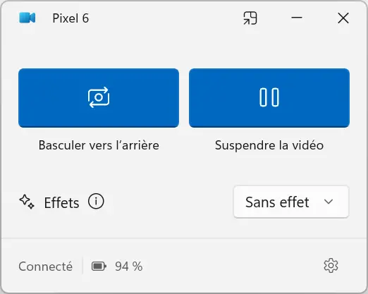 Fenêtre de contrôle de la webcam Android dans Windows 11 avec options de basculement vidéo et de pause