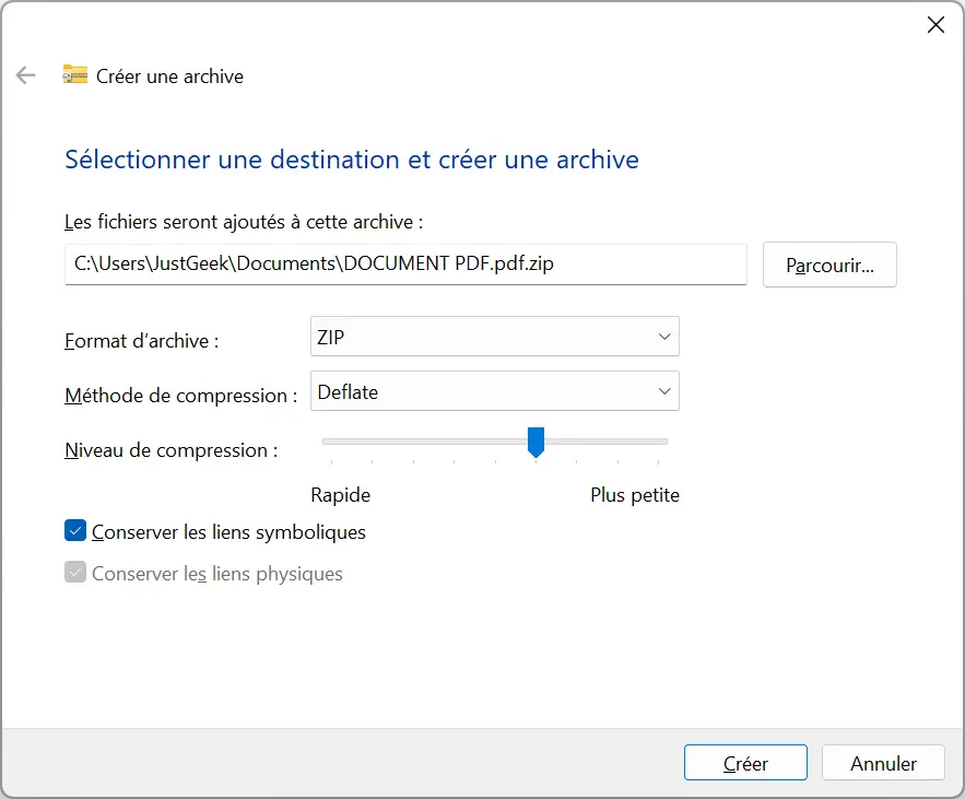 Fenêtre de création d'une archive ZIP dans l'Explorateur de fichiers Windows 11 avec choix du niveau de compression