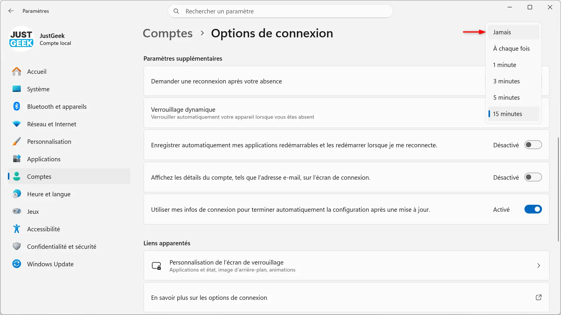Sélection de l'option Jamais pour désactiver la demande de reconnexion après une absence dans Windows 11