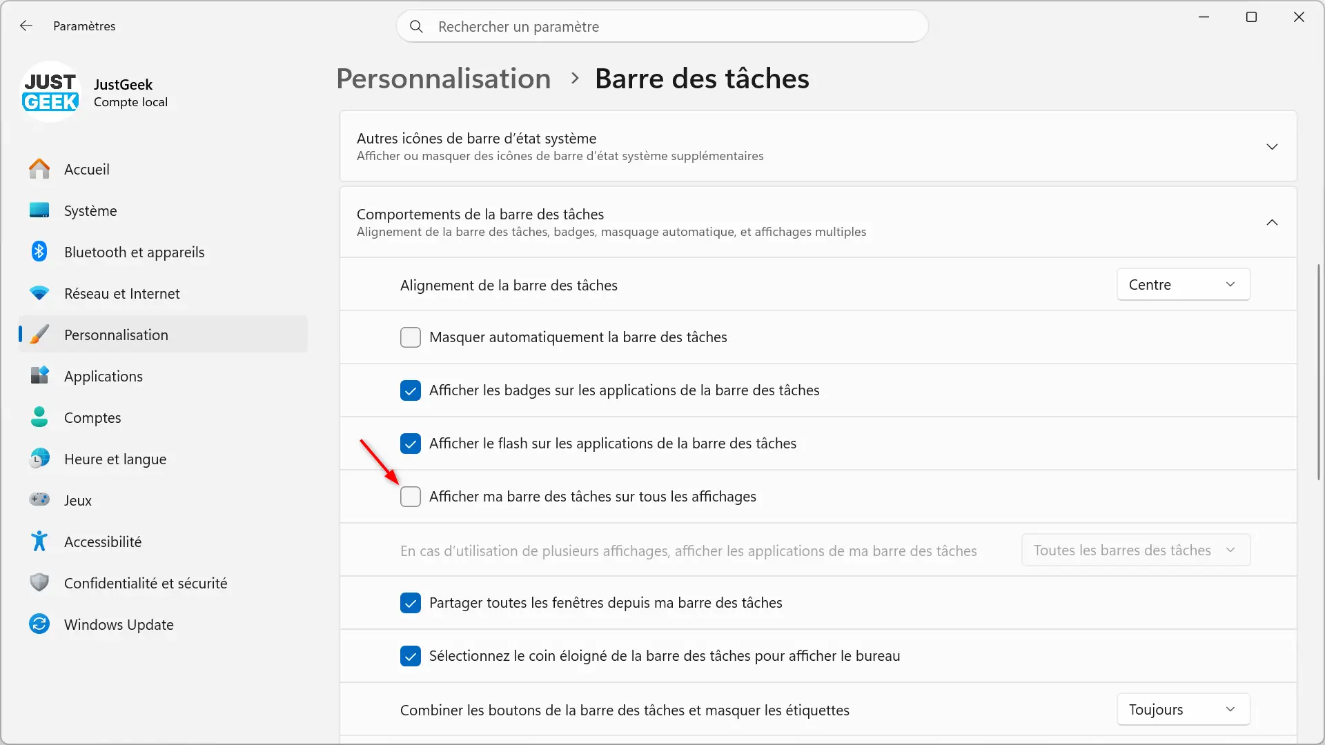 Option Afficher ma barre des tâches sur tous les écrans désactivée dans Windows 11