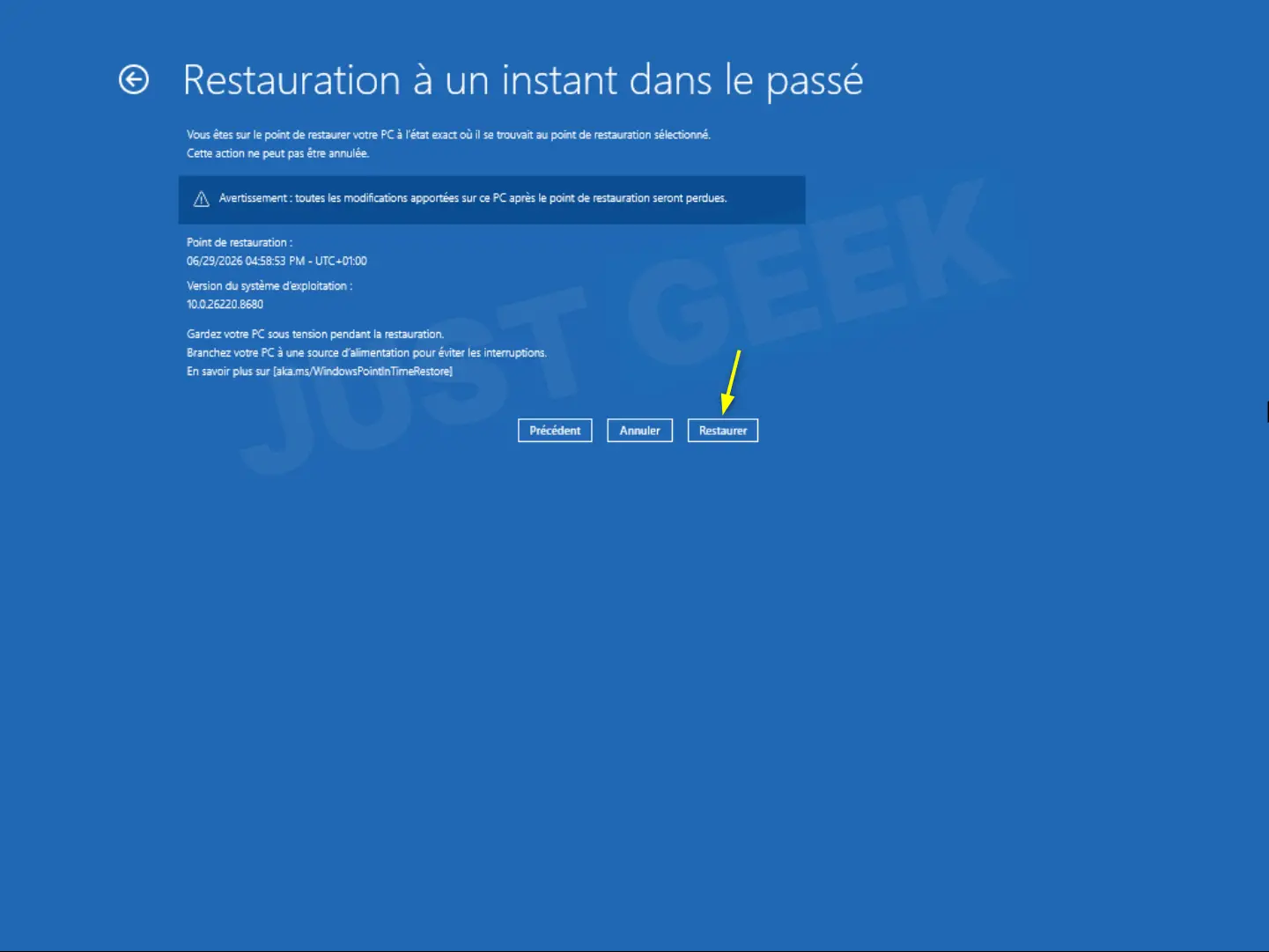 Validation finale de la restauration ponctuelle dans l'environnement de récupération Windows
